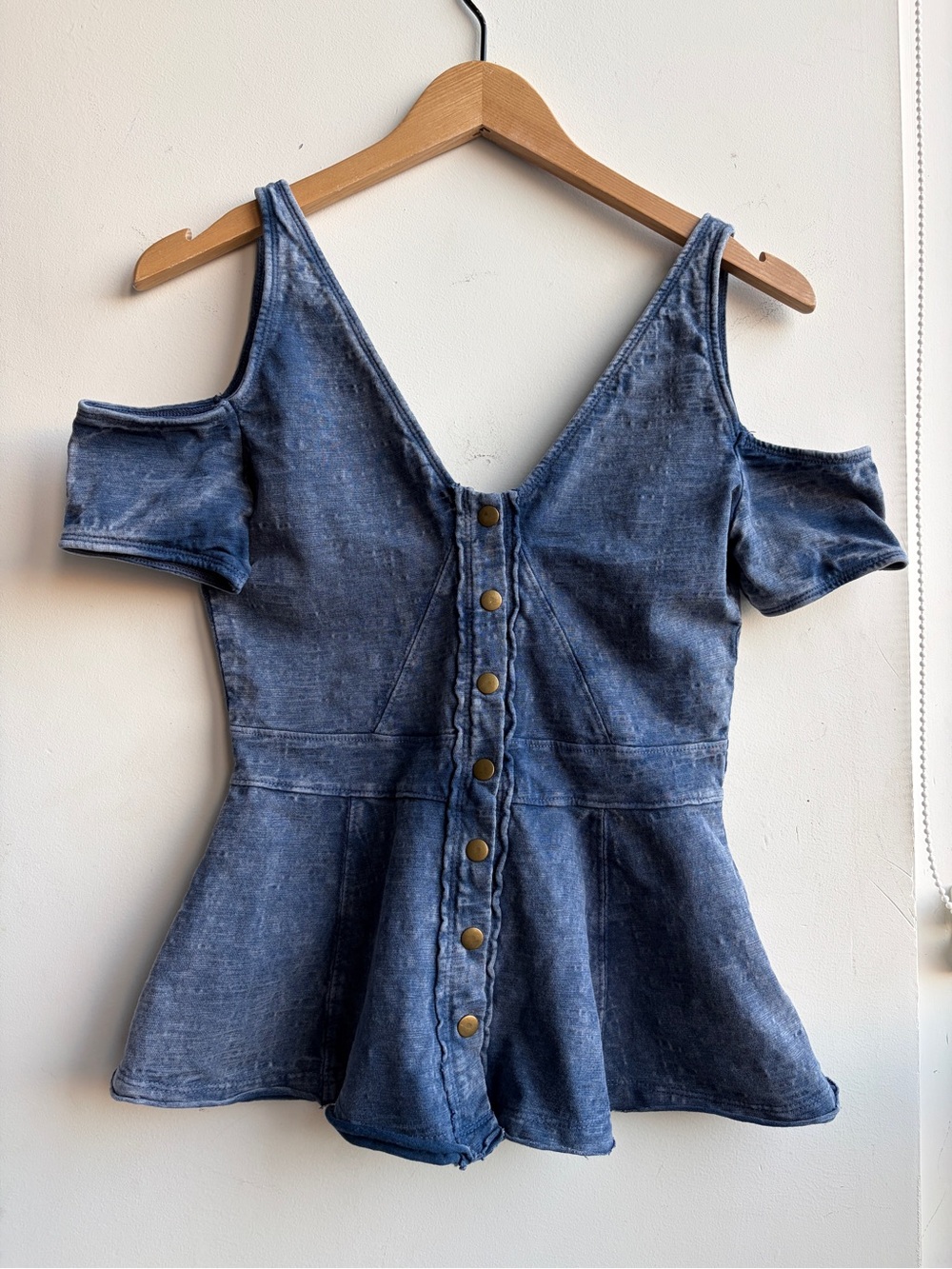Free People Washed Indigo Button-Front off the shoulder Shirt